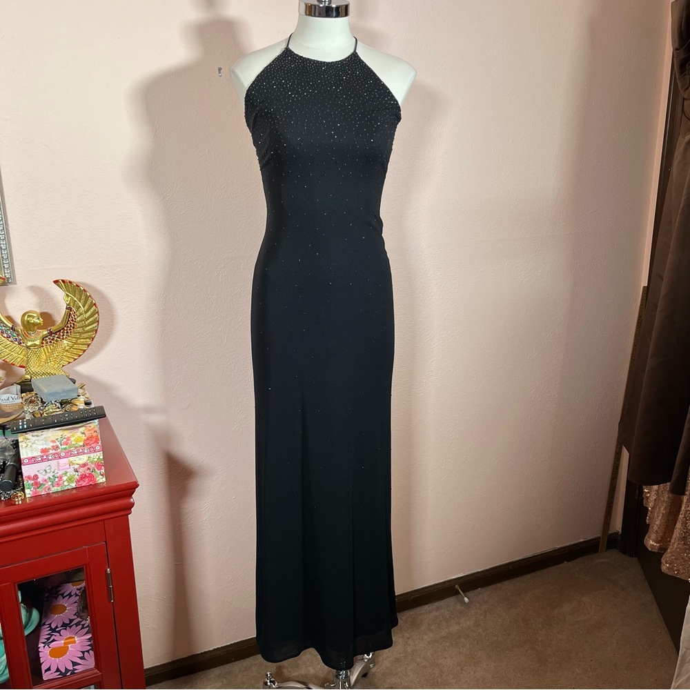 Vintage 90' Y2K Retro Laundry Black Halter Top Low Back Art Deco Long Slip Dress